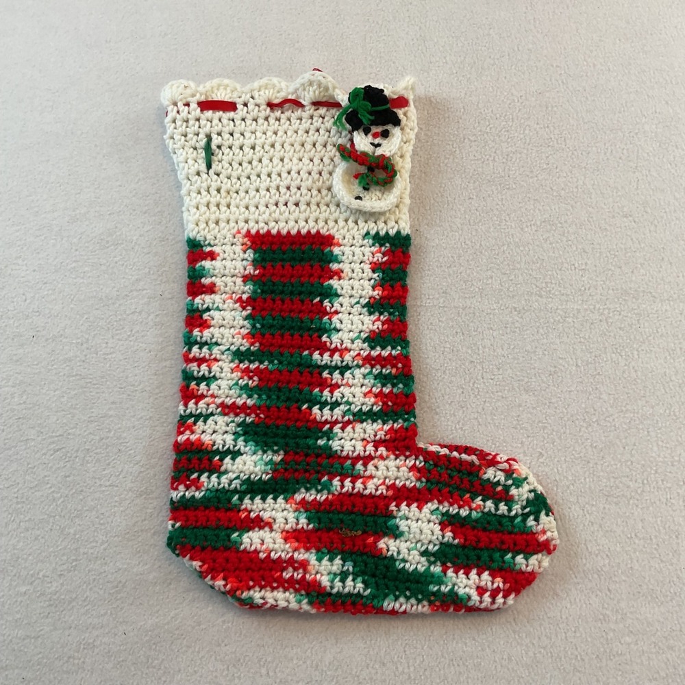 Handmade Crochet Christmas Stocking Red Green White Variegated Snowman Ornament
